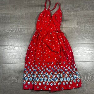 Vintage Lanz Original Red Floral Halter Sundress Border Print Cotton Fit Flare